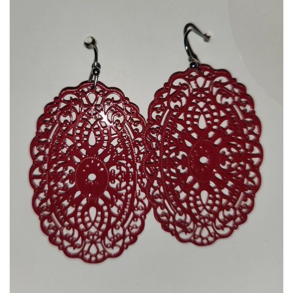 Red Filigree Dangle Earrings With Fish Hook Backs statement - Picture 1 of 4